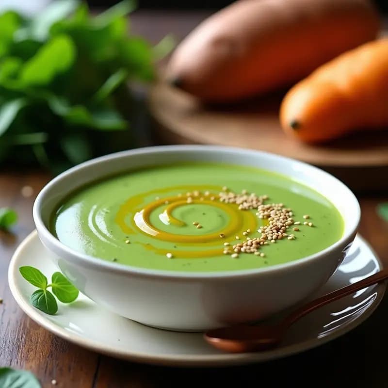 Cuenco blanco con crema de espinacas y batata de color verde intenso, decorada con un hilo de aceite de oliva y semillas de sésamo, sobre fondo de madera rústica. Receta alta en potasio.