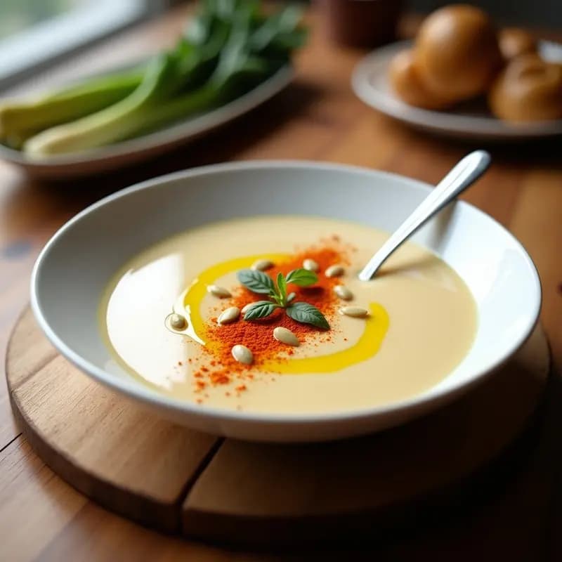 Bol de cerámica blanca con crema de puerro y patata ahumada, decorada con un hilo de aceite de oliva y pimentón ahumado, acompañada de semillas de calabaza tostadas y una cucharita de madera.