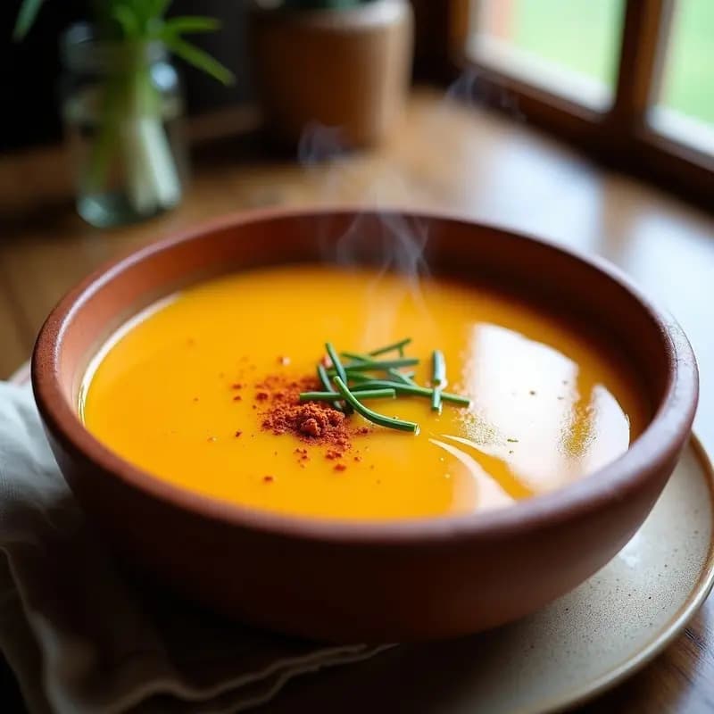 Cazuela de barro con crema de puerro patata y batata en Thermomix, textura sedosa, color naranja suave, decorada con pimentón ahumado y aceite de oliva virgen extra.