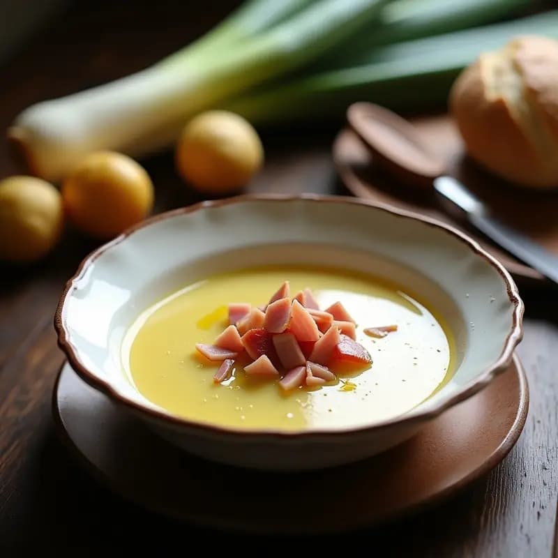 Cuenco de cerámica blanca con crema de puerro y patata truhana humeante, coronada con trocitos de jamón serrano y un hilo de aceite de oliva virgen extra, sobre fondo rústico de madera con puerros y patatas al lado.