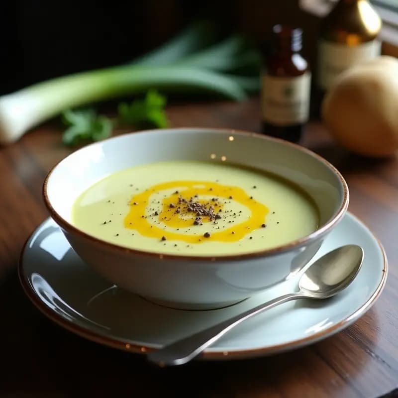 Cuenco blanco con crema de puerros y patata espesa, coronada con un hilo de aceite de trufa negra y pimienta molida, servida sobre una mesa rústica de madera con una cuchara de madera.