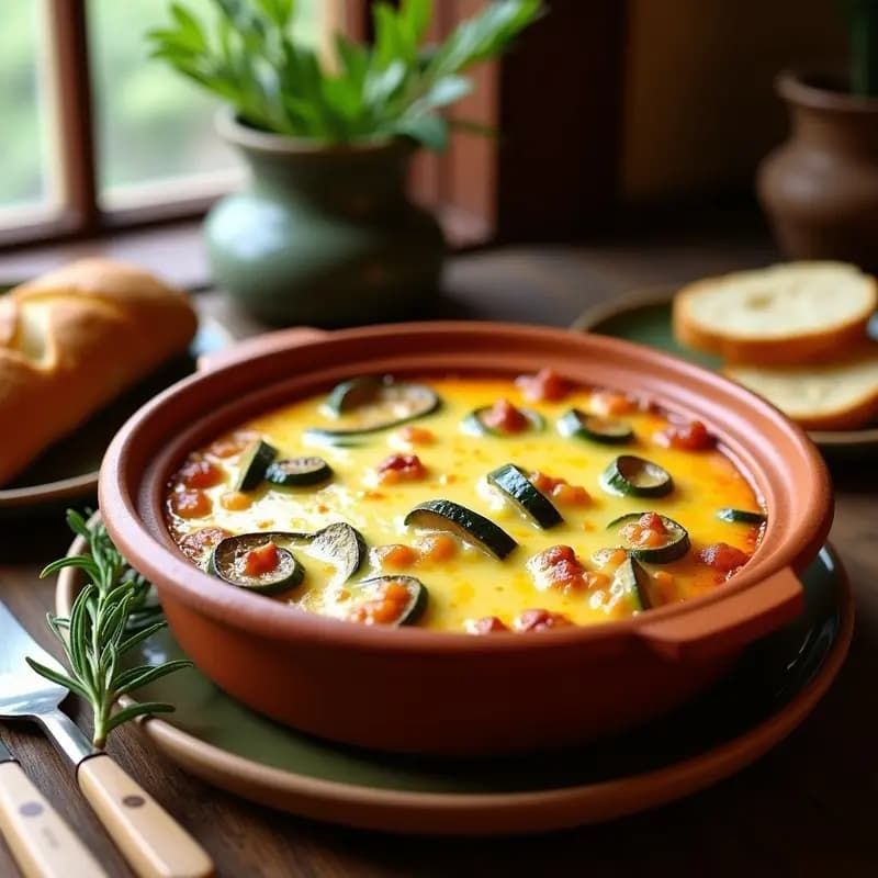 Fuente de barro con crema valenciana al horno dorada, con superficie gratinada y trozos de berenjena, calabacín y pimiento asomando entre el queso fundido.