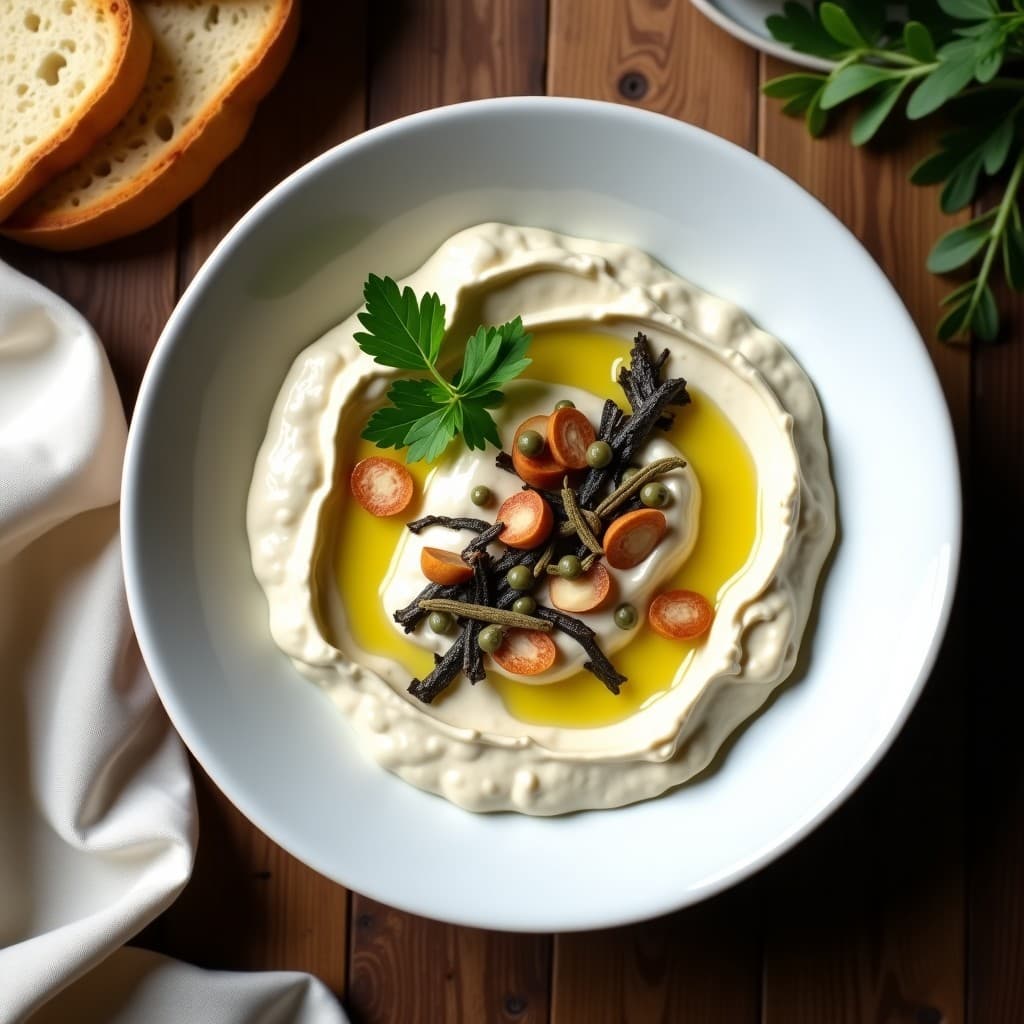 Crema de Vitello Tonnato vegana servida en cuenco blanco con berenjena asada, anchoas de algas nori, almendras tostadas y perejil fresco. Plato elegante italiano sin lactosa.