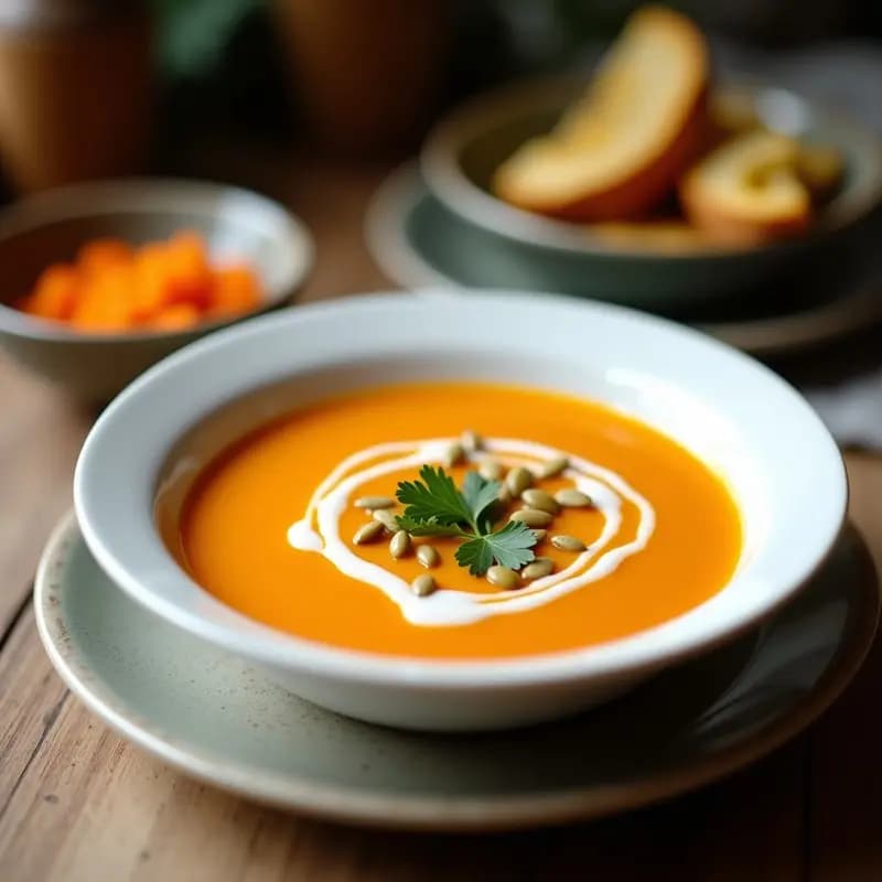Cuenco blanco con crema de zanahoria y jengibre humeante, decorada con perejil fresco y semillas de calabaza, sobre fondo de madera rústica. Receta olla express.