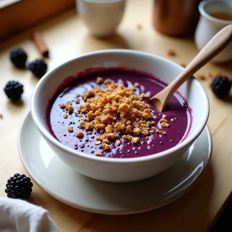 Bol de cerámica blanca con crema de zarzamora y chía de color morado intenso, coronada con granola dorada de castañas y almendras fileteadas. Textura cremosa y topping crujiente, servido con una cuchara de madera sobre fondo rústico de madera clara.