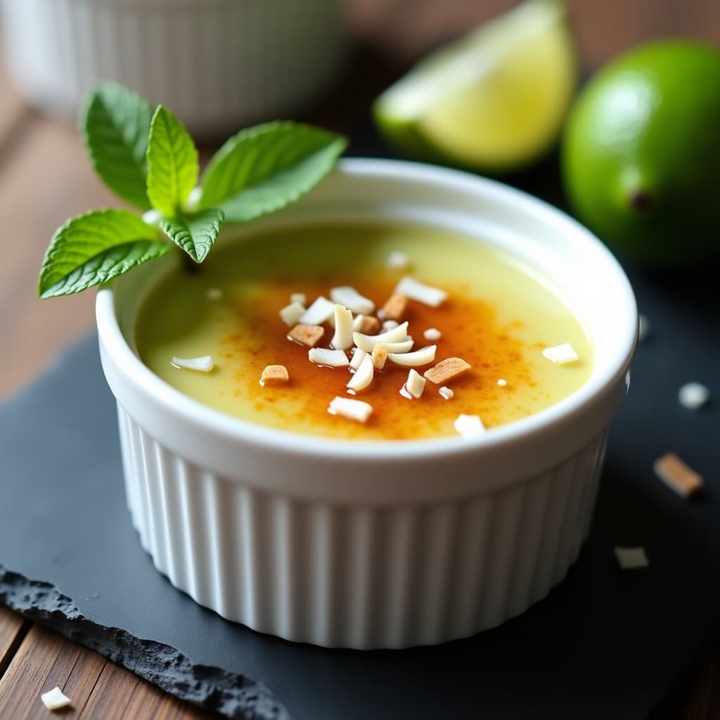 Crème Brûlée de Aguacate y Lima keto en ramequín de porcelana blanca, con capa dorada de caramelo de eritritol crujiente, decorada con rascadura de lima y virutas de coco tostado sobre fondo oscuro.