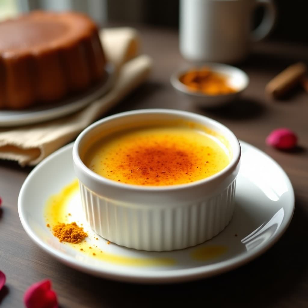 Crème Brûlée de cúrcuma y leche de avena en ramequín de porcelana blanca, con superficie dorada y crujiente de azúcar caramelizado, rodeada de una pizca de cúrcuma en polvo y petalos de rosa comestibles sobre fondo oscuro.