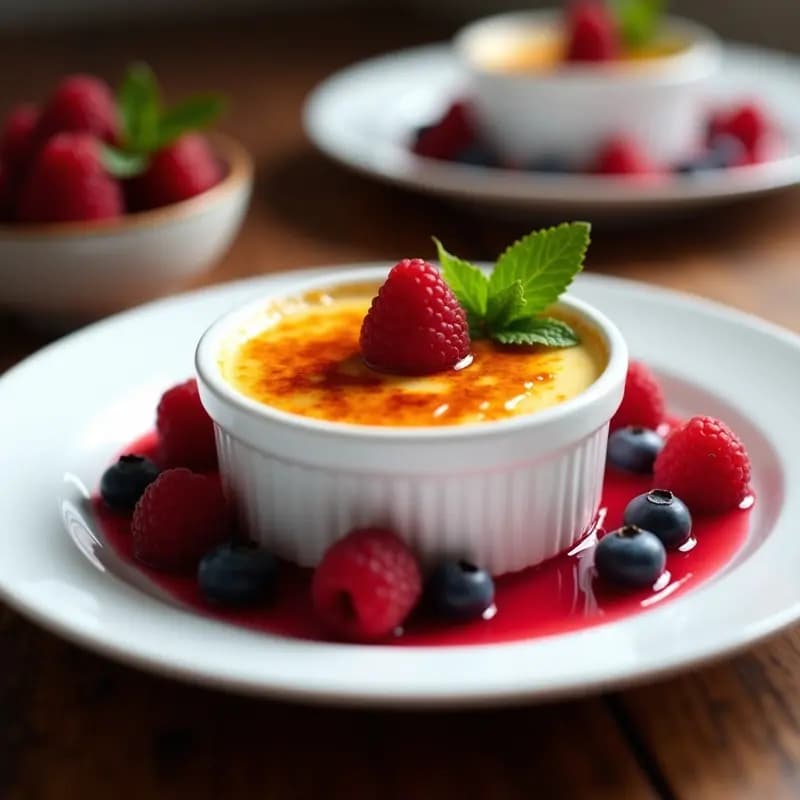 Creme brûlée de vainilla bourbon con frutos rojos en molde de porcelana blanco, capa dorada de azúcar caramelizado y frambuesas frescas alrededor, postre francés sin lactosa.