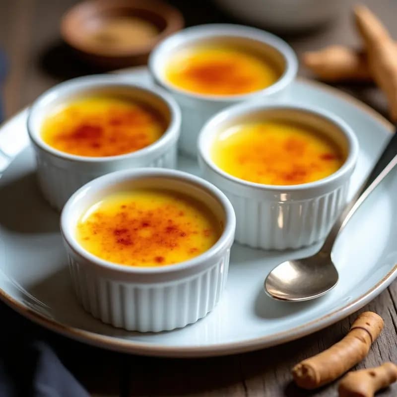 Cuatro ramequines de porcelana blanca con Crème Brûlée de vainilla y cúrcuma, superficie dorada y caramelizada, sobre una bandeja de madera rústica con fondo desenfocado. El postre muestra un color amarillo dorado intenso por la cúrcuma, con el contraste del azúcar moreno crujiente.
