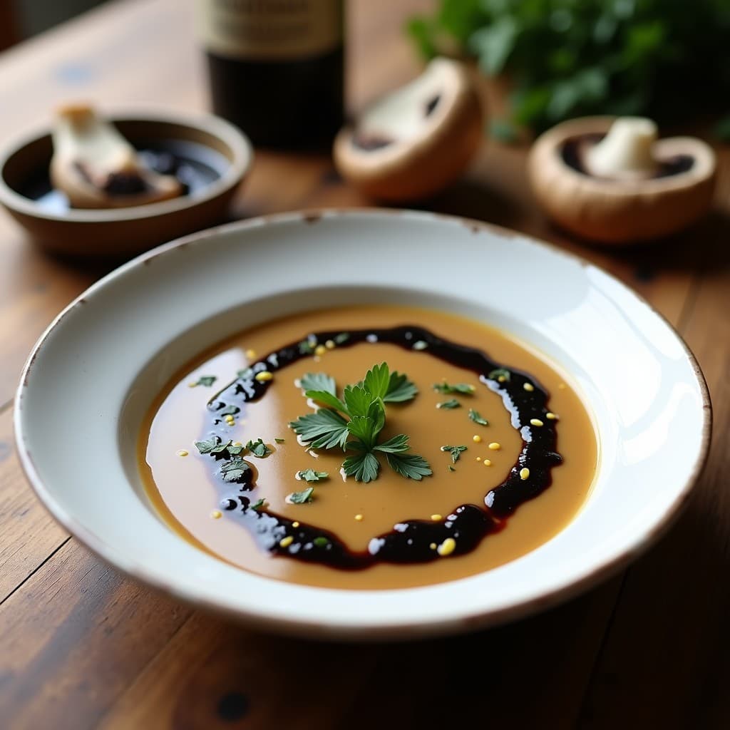 Cremoso vegano de champiñones portobello y ajo negro servido en un bol blanco hondo, con textura sedosa y brillante, decorado con perejil fresco y un hilo de aceite de oliva. Plato principal reconfortante y alto en umami, preparado en Thermomix.