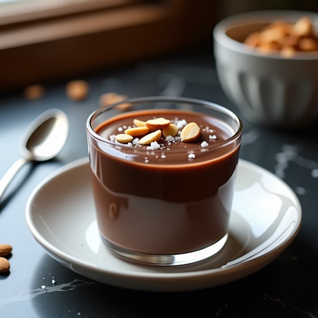 Copa de cristal transparente con cremoso de chocolate negro y almendras, coronado con almendras fileteadas tostadas y escamas de sal de Maldon. Textura sedosa y brillante, fondo difuminado con tonos oscuros y detalles gourmet.