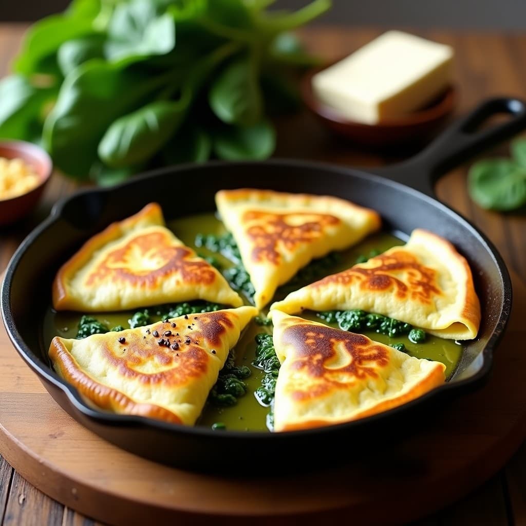Plato de crespelles francesas rellenas de espinacas y tofu sedoso, servidas en forma de media luna sobre una sartén de hierro. Receta sin lactosa, alta en proteína y con un toque dorado.