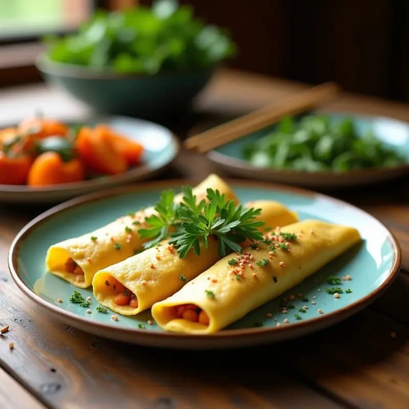 Plato blanco con crepes dorados de algas marinas veganos rellenos de tofu, cebolla morada y pimiento rojo, espolvoreados con semillas de sésamo y acompañados de salsa de soja.