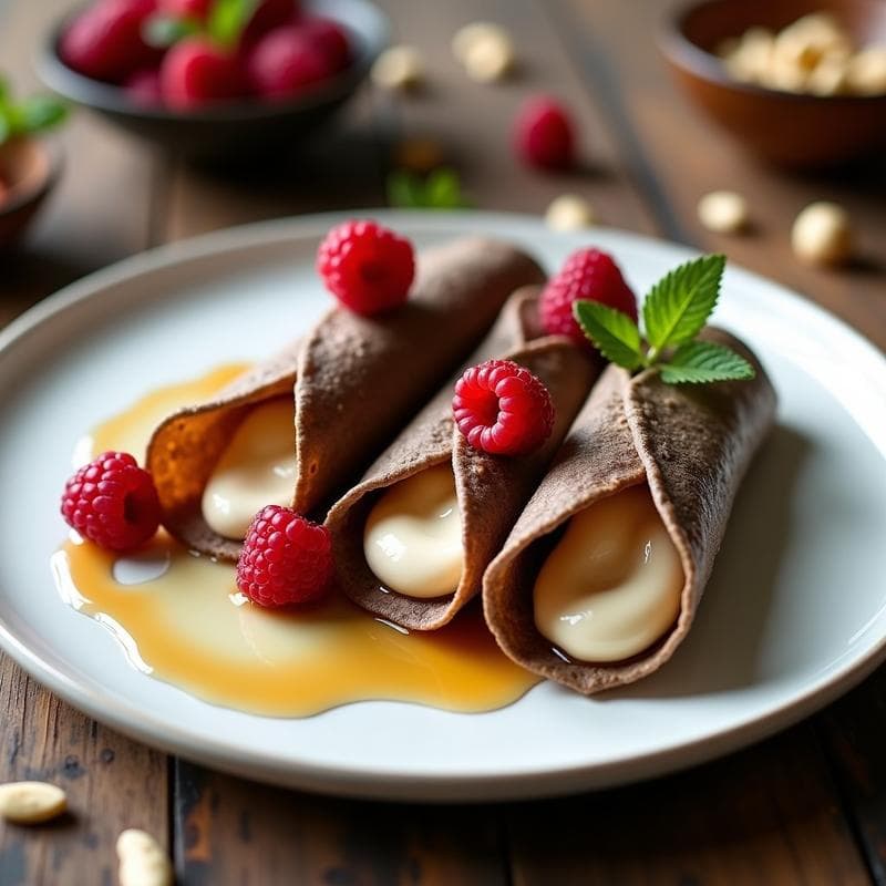 Plato blanco con crepes de arroz salvaje dorados y finos, rellenos de crema de anacardos suave y brillante, decorados con frambuesas frescas y un hilo de miel de agave sobre fondo rústico de madera.