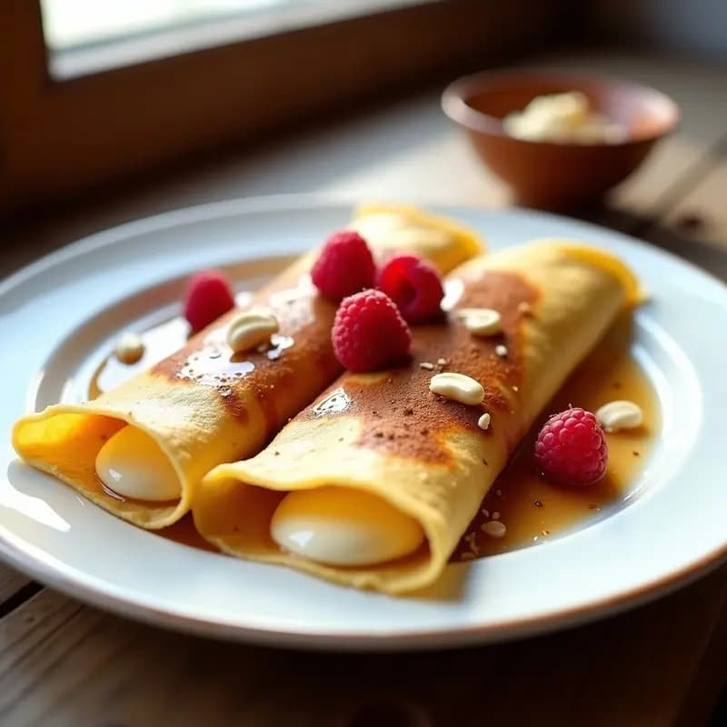 Plato blanco con crepes de arrurruz dorados, rellenos de queso de anacardos cremoso y bañados en miel de agave, decorados con frambuesas frescas y un toque de canela. Desayuno francés sin gluten y vegano.
