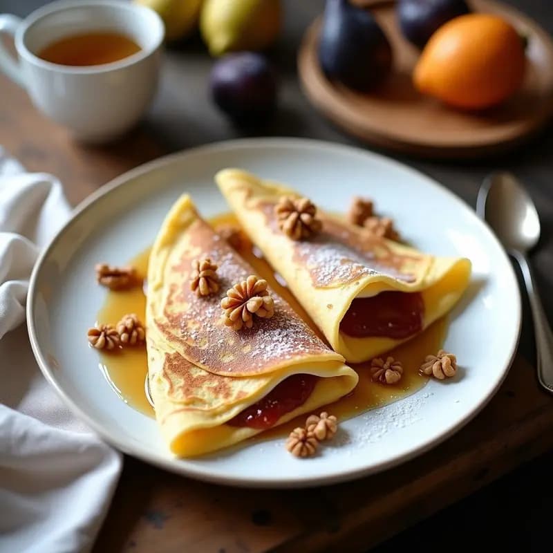 Plato blanco con crepes francesas doradas rellenas de queso brie derretido y mermelada de higos, espolvoreadas con azúcar glass, canela y nueces picadas, con un hilo de miel. Desayuno gourmet elegante y apetitoso.