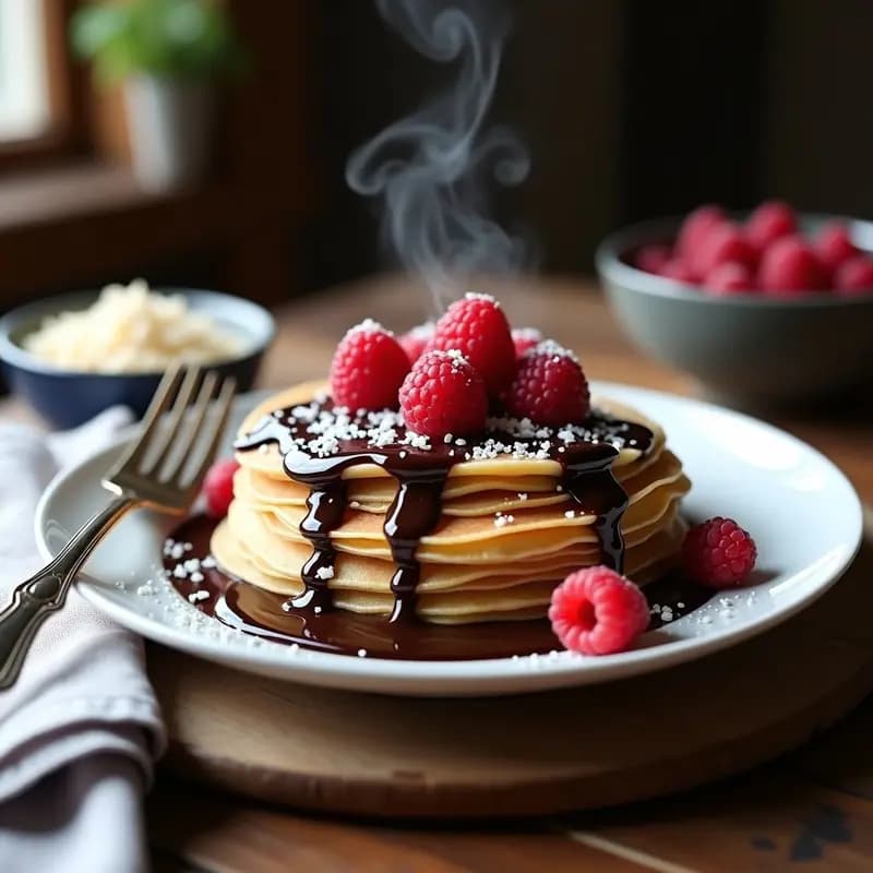 Crepes francesas doradas de bucket apiladas con salsa espesa de chocolate negro sin lactosa, decoradas con virutas de coco y frutos rojos frescos en un plato blanco de porcelana.