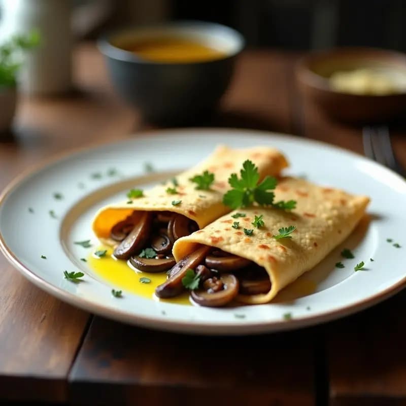 Plato blanco con dos crepes de buckwheat doradas rellenas de champiñones salteados y queso Gruyère fundido, decoradas con perejil fresco. Desayuno francés sin gluten gourmet.
