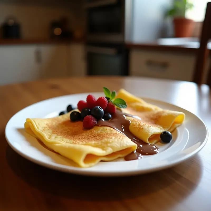 Plato blanco con crepes de buckwheat doradas rellenas de Nutella de avellanas casera y rodajas de plátano maduro, espolvoreadas con cacao en polvo. Desayuno francés sin gluten sobre fondo rústico de madera.