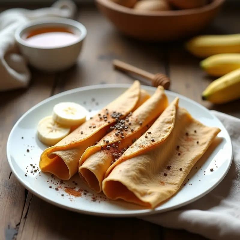 Pila de crepes dorados de espelta rellenos de crema de cacahuete y plátano, servidos en un plato blanco con semillas de chía y canela espolvoreadas, desayuno francés alto en energía.