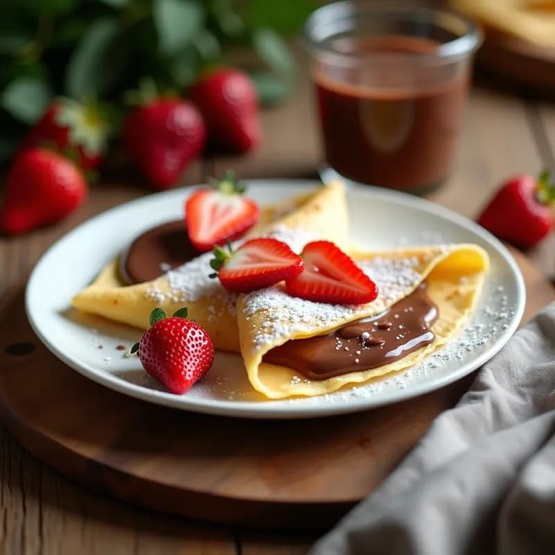 Plato blanco con crepes francesas doradas dobladas en triángulo, rellenas de Nutella cremosa y láminas de fresas frescas, espolvoreadas con azúcar glass y acompañadas de fresas enteras. Receta de crepes con Nutella y fresas para desayuno o merienda.