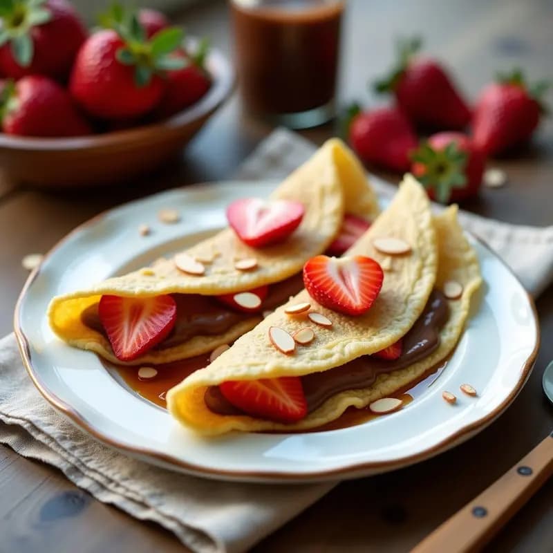 Plato blanco con crepes franceses dorados rellenos de Nutella y fresas frescas, espolvoreados con almendras fileteadas y un hilo de miel de agave, servidos sobre un mantel rústico con fresas enteras de decoración.