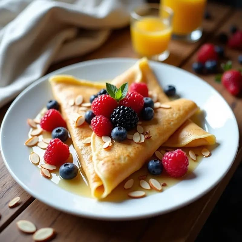Plato blanco con crepes francesas doradas rellenas de crema de queso Philadelphia, decoradas con frutos rojos frescos, miel y almendras fileteadas, desayuno gourmet en 15 minutos.