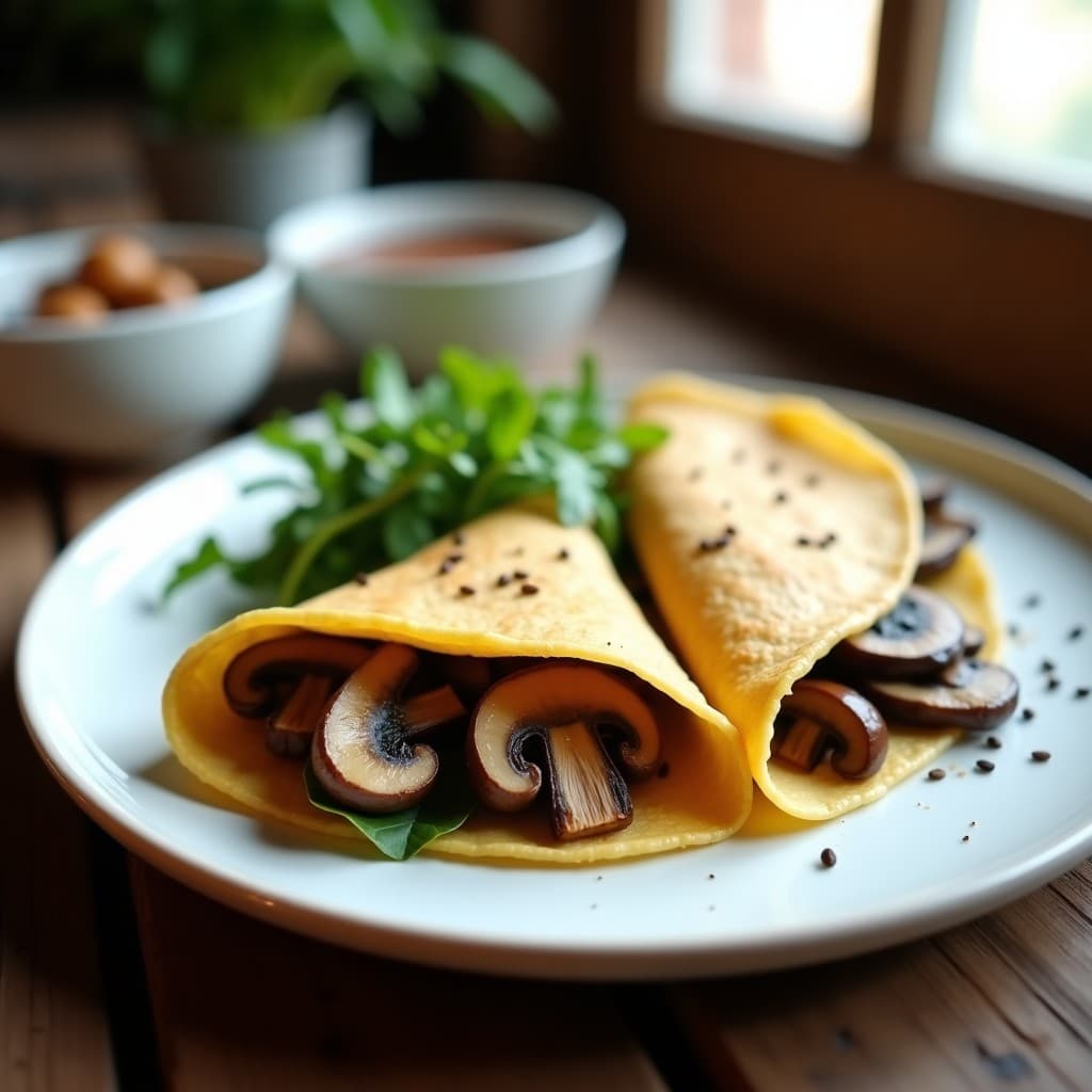 Plato blanco con dos crepes doradas de harina de garbanzo rellenas de champiñones portobello salteados y rúcula fresca, espolvoreadas con semillas de sésamo. Receta sin gluten y alta en hierro.