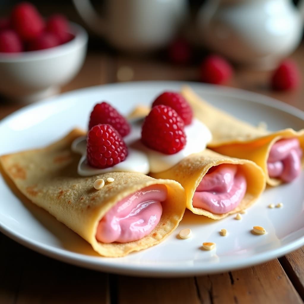Plato blanco con crepes dorados de harina de almendra rellenos de crema de frambuesa rosa, decorados con frambuesas frescas y un hilo de crema de coco. Receta keto sin gluten preparada en Thermomix.