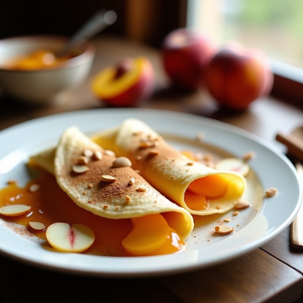 Plato blanco con crêpes doradas de harina de arroz rellenas de compota de durazno y canela, espolvoreadas con almendras fileteadas y un toque de canela en polvo. Postre sin gluten y sin azúcar sobre fondo rústico de madera.