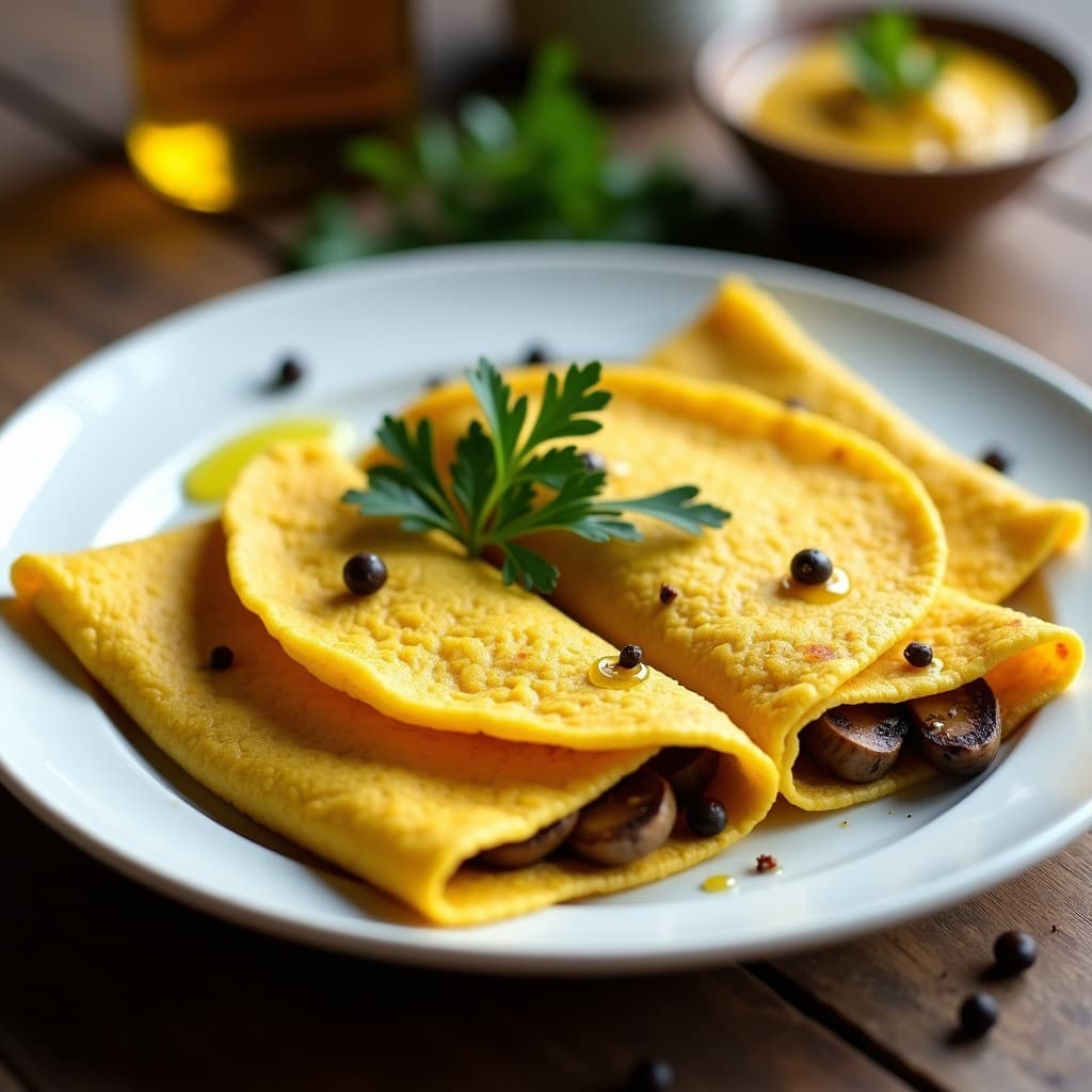 Plato blanco con crepes doradas de harina de arroz y cúrcuma rellenas de champiñones salteados con ajo y perejil, servidas con un toque de limón y perejil fresco. Receta vegana y sin gluten.