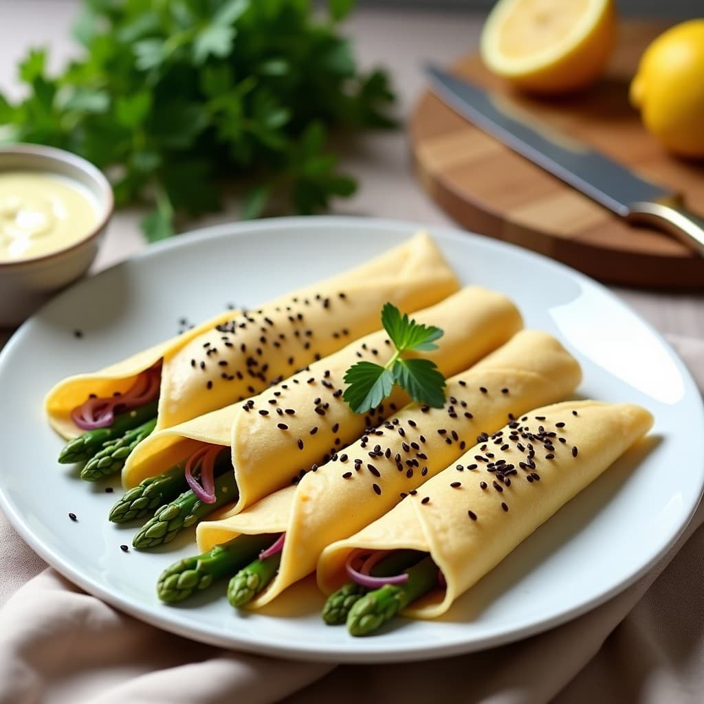 Plato blanco con crepes doradas de harina de arroz rellenas de espárragos trigueros y cebolla morada, espolvoreadas con semillas de sésamo negro, servidas sobre un mantel de lino beige con hierbas frescas y una vinagreta al lado. Receta vegana en Thermomix.