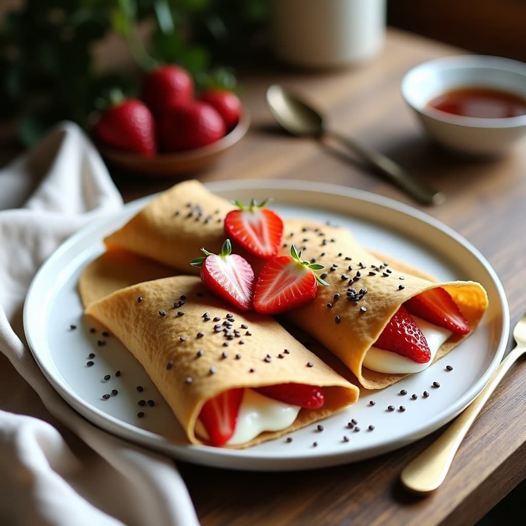 Plato blanco con crepes dorados de harina de buckwheat rellenos de crema de anacardos blanca y fresas rojas en láminas, espolvoreados con semillas de chía. Desayuno francés vegano sin gluten sobre fondo de madera rústica.