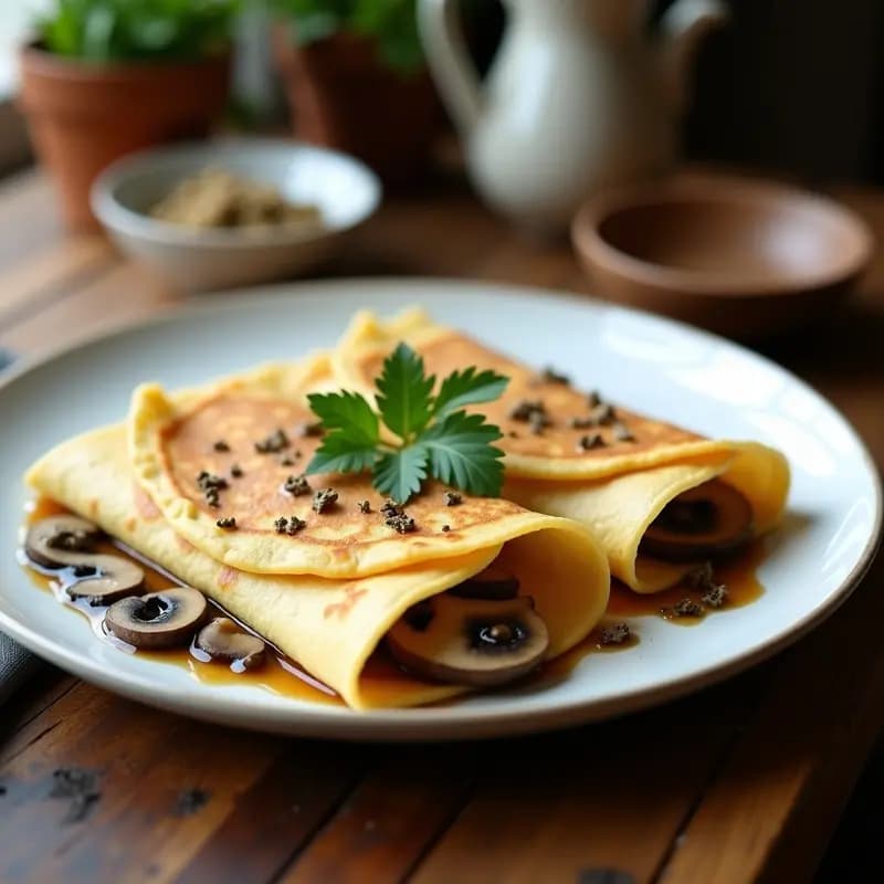 Plato blanco con crepes dorados de harina de castaña rellenos de champiñones salteados y trufa, decorados con perejil fresco. Receta francesa keto y sin lactosa.