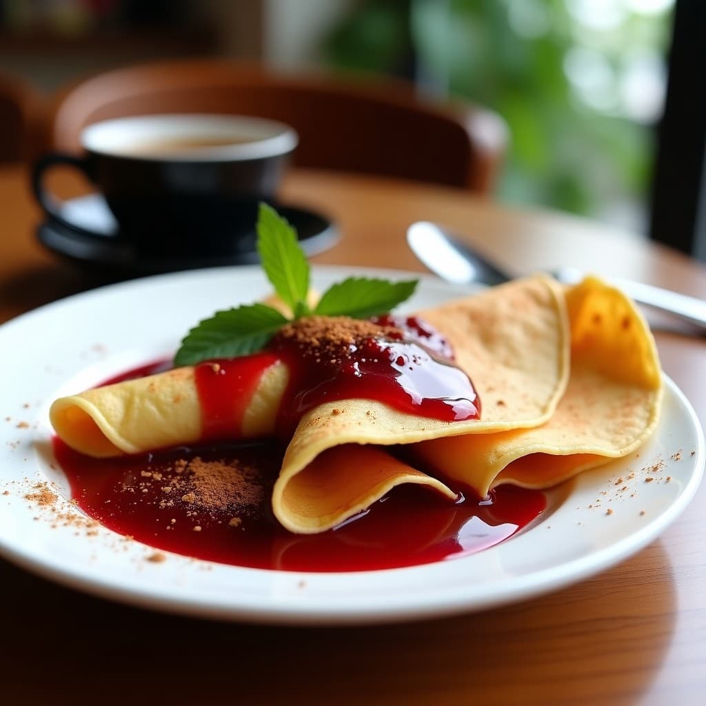 Plato blanco con crepes doradas de harina de castaña dobladas en abanico, bañadas en una salsa espesa de arándanos y canela, con un toque de agua de rosas. Fondos borrosos de utensilios de cocina y una taza de café negro al lado.