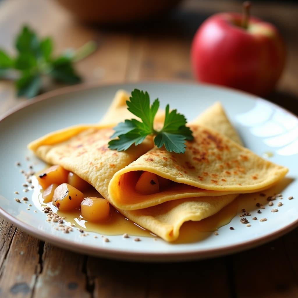 Plato blanco con crepes dorados de harina de castaña rellenos de compota de manzana y perejil, decorados con semillas de chía y perejil fresco. Receta italiana sin gluten.