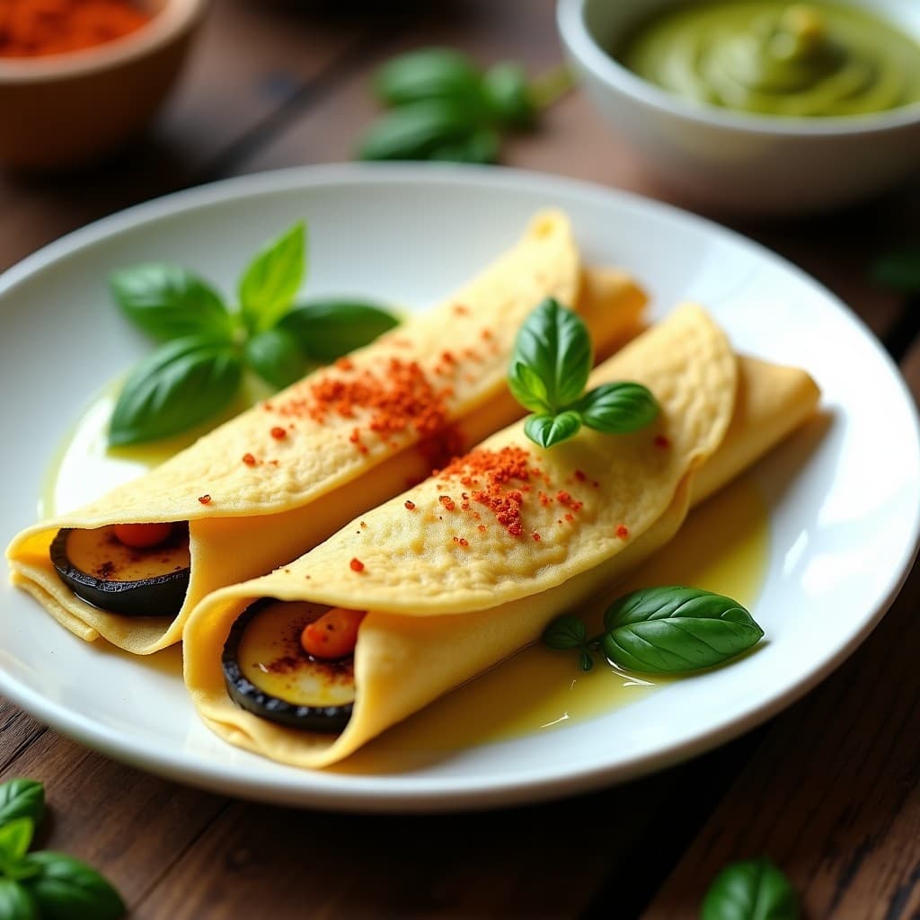 Plato blanco con crepes doradas de harina de garbanzo rellenas de berenjena asada en rodajas y pesto de albahaca verde, desayuno sin gluten y vegano.