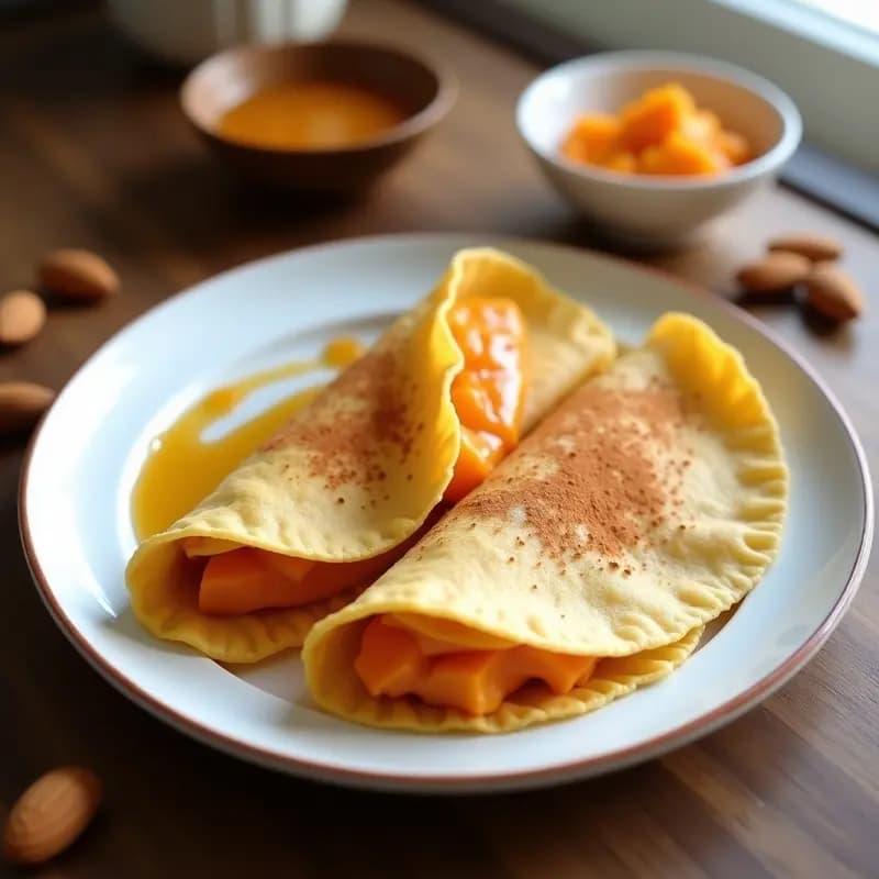 Plato blanco con crepes doradas de harina de garbanzo rellenas de puré de calabaza y queso de almendras, servidas con un hilo de miel y espolvoreadas con canela, receta sin gluten de desayuno egipcio.