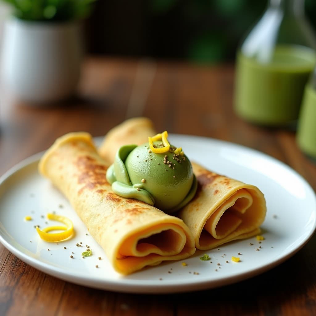 Plato blanco con crepes doradas de harina de garbanzo rellenas de helado de matcha verde vibrante, decoradas con semillas de chía y ralladura de limón. Postre francés sin gluten y sin azúcar, servido con elegancia.