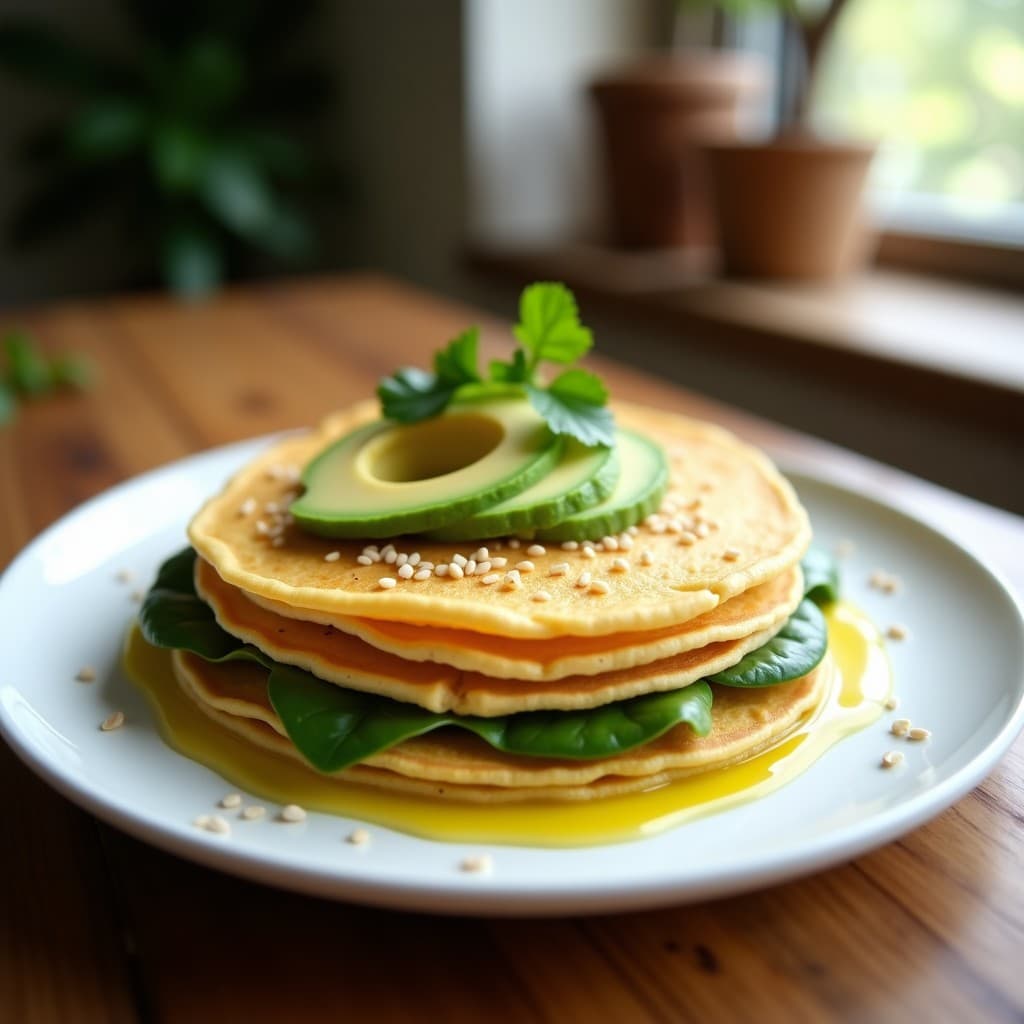 Plato blanco con crepes doradas de harina de garbanzo sin gluten, apiladas y rellenas de aguacate y espinacas frescas, acompañadas de semillas de sésamo y un chorrito de aceite de oliva virgen extra. Receta alta en proteína para desayuno.