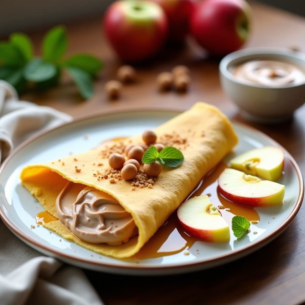 Plato blanco con tres crepes dorados de harina de guisante rellenos de crema de avellanas espesa y brillante, decorados con avellanas picadas y frutos rojos frescos. Desayuno vegano y alto en fibra con textura esponjosa.