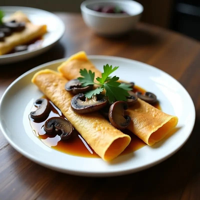 Plato blanco con crepes doradas de harina de lentejas rellenas de champiñones portobello salteados, decoradas con láminas de trufa negra y perejil fresco. Receta francesa vegana y sin gluten.