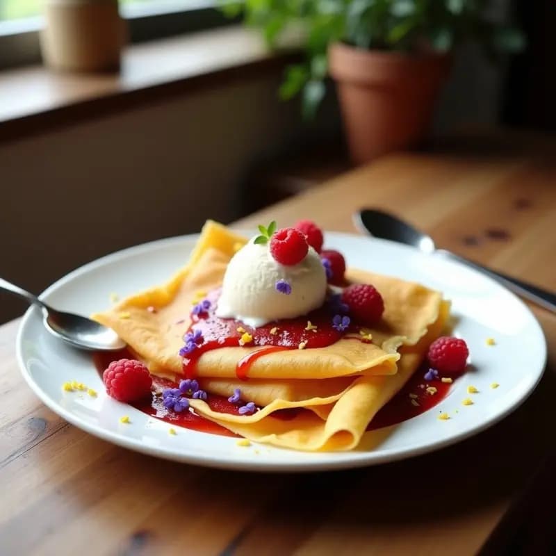 Plato blanco con crepes doradas de harina de lentejas rellenas de helado de vainilla vegano, mermelada de frambuesa y zesta de limón. Postre francés vegano, sin gluten y alto en proteína, servido en estilo TikTok con presentación estética y moderna.