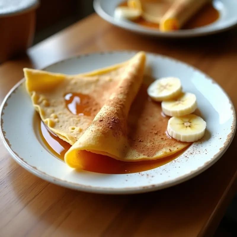 Plato blanco con crepes doradas de harina de lentejas dobladas en abanico, bañadas en sirope de dátil espeso con canela espolvoreada y rodajas de plátano al lado. Desayuno francés sin gluten sobre fondo de madera rústica.