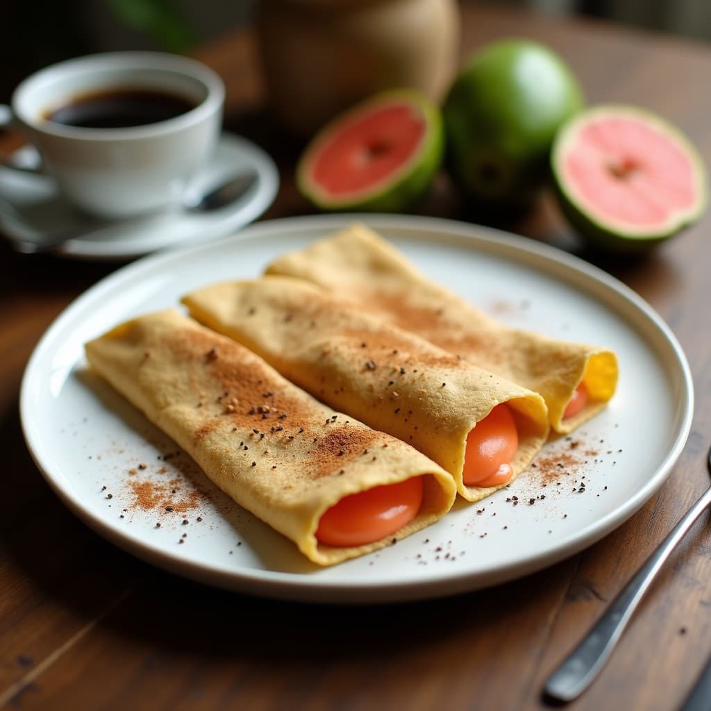 Plato blanco con crepes de harina de maíz azul rellenos de crema de guayaba, decorados con semillas de chía y canela. Desayuno colombiano sin gluten, colorido y apetitoso.
