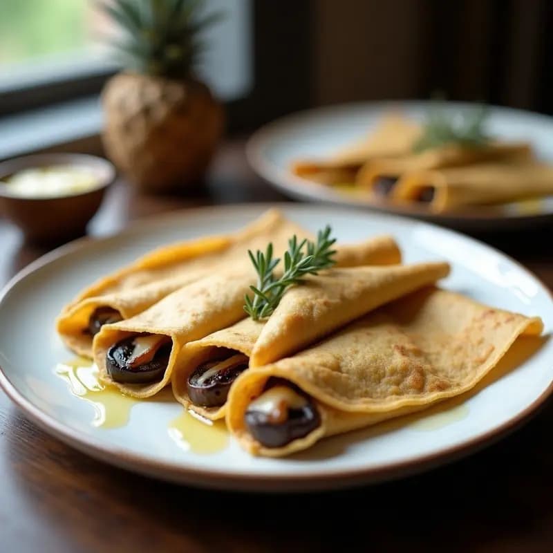 Crepes doradas de harina de sarraceno rellenas de champiñones portobello salteados y queso Gruyère fundido, servidas en un plato de cerámica blanca con tomillo fresco y un hilo de aceite de oliva virgen extra. Receta francesa sin gluten alta en proteína.