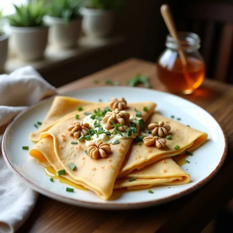 Crepes doradas de harina de sarraceno dobladas en forma de media luna, rellenas de queso de cabra desmenuzado y cebollino, con un hilo de miel de romero y nueces tostadas picadas por encima, servidas en un plato blanco rústico sobre una mesa de madera.