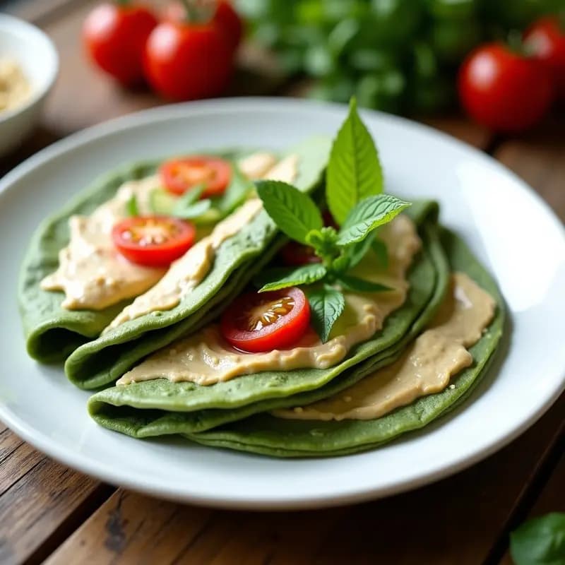 Plato blanco con crepes integrales de color verde claro rellenos de hummus cremoso, tomates cherry rojos, pepino en juliana y hojas de menta fresca, servidos en forma de media luna.