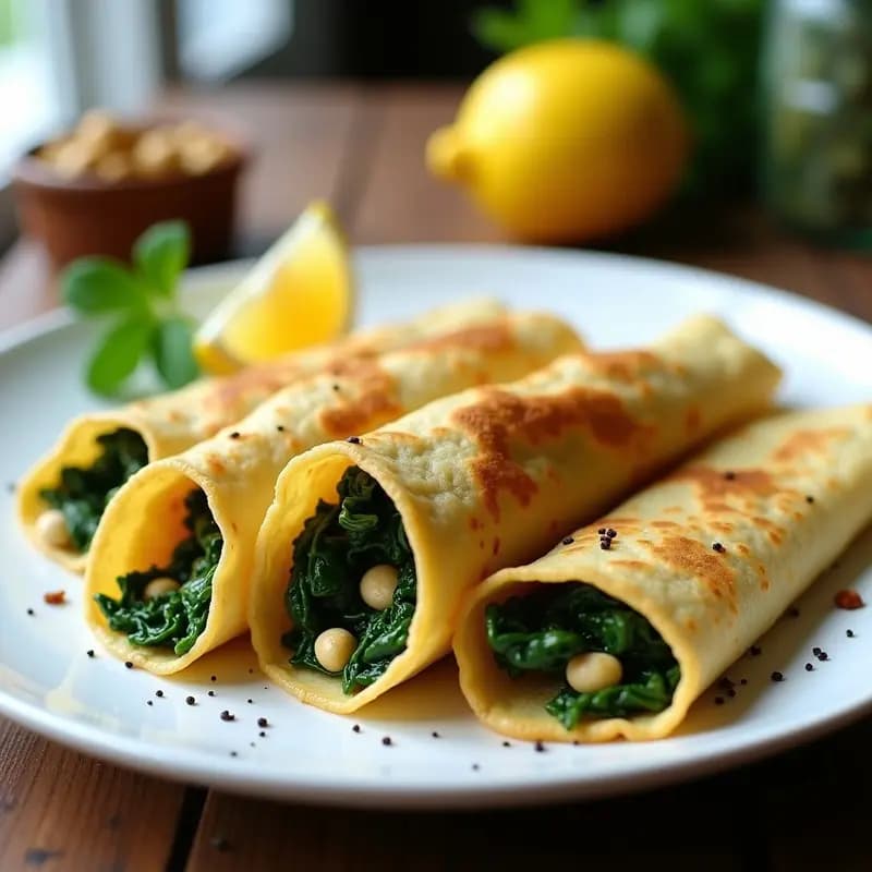 Plato con crepes integrales dorados rellenos de espinacas y tofu salteado, decorados con anacardos tostados y un toque de cúrcuma, servidos en un plato blanco rústico.