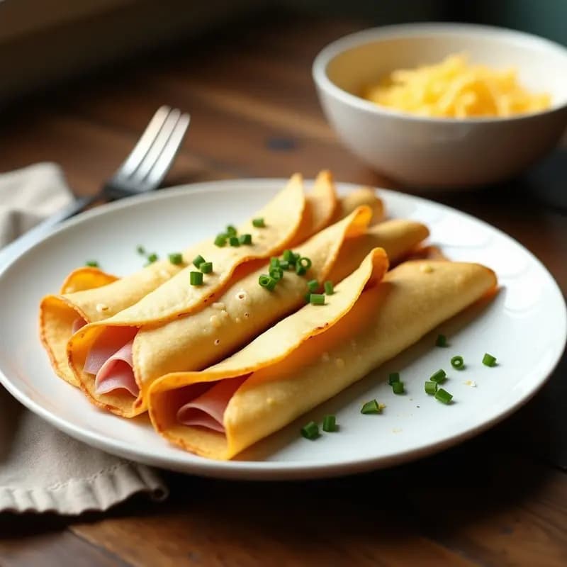 Plato blanco con crepes francesas doradas rellenas de jamón serrano y queso gruyère fundido, decoradas con cebollino fresco picado, receta salada en 15 minutos.